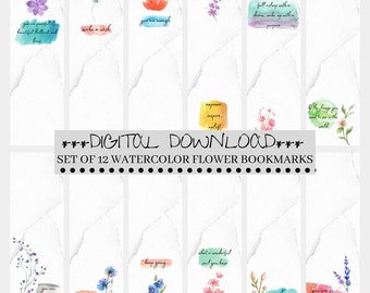 Printable Watercolor Flower Bookmarks, Digital Download