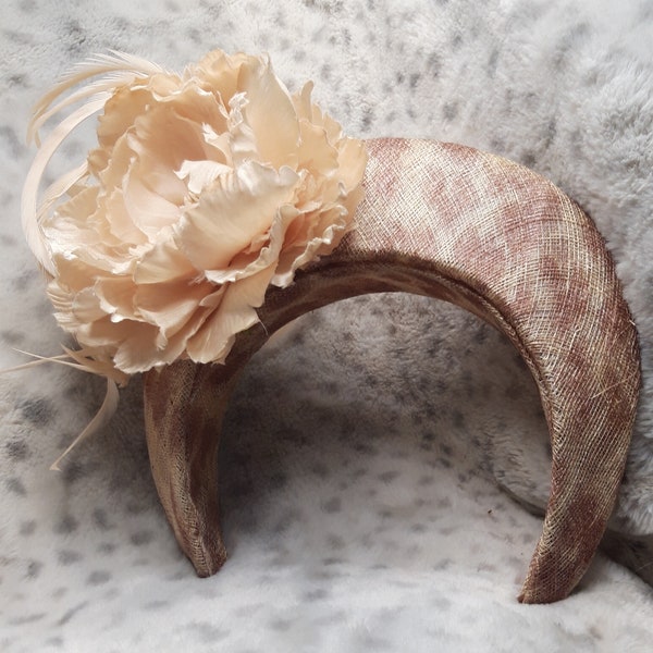 Ivory and Tan Halo fascinator hat with large flower & feather detail.  Mother of the bride, wedding guest, racinghat, christening headwear.