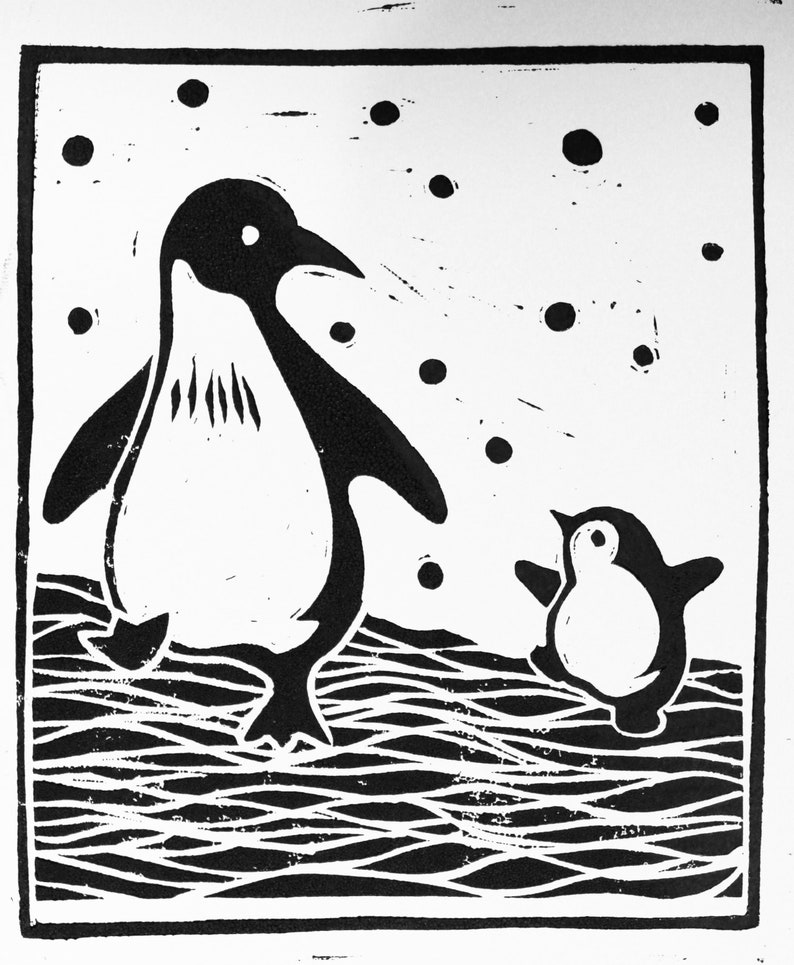 Hand Printed Penguin Lino Cut A6 Greeting Card original Print Etsy