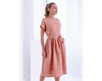 Summer linen dress vintage, Peach dress, Midi spring dress with pockets