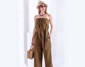 Natural linen jumpsuit women NIA / loose linen overalls / linen romper with side pockets