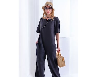 Black linen jumpsuit for women, Summer loungewear jumpsuit with belt