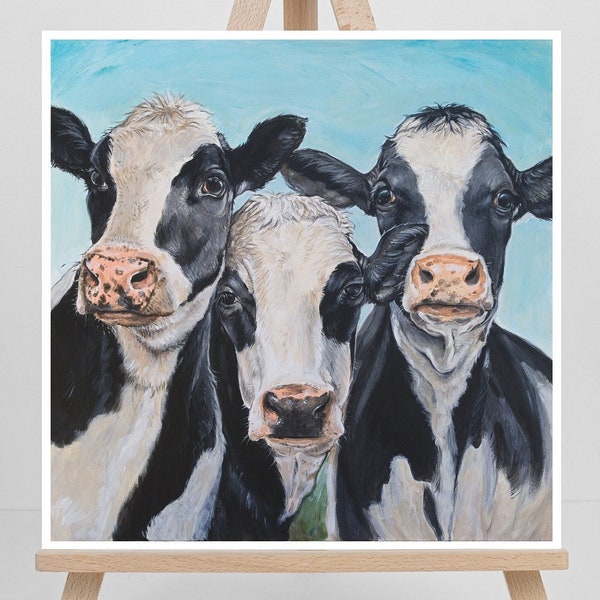 Vaches noires et blanches, impression jet d'encre de peinture originale, art mural de bétail, affiche d'animaux de ferme, impression de vache, décor de pépinière
