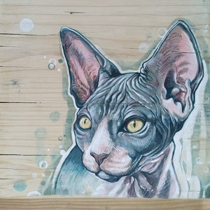Portrait de chat, Sphinx, peinture sur contreplaqué de récupération, peinture acrylique originale