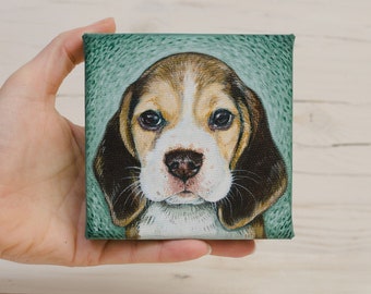 Beagle Painting on Miniature Canvas, Dog Portrait, Cute Room Decor, Unique Gift for Beagle Mom