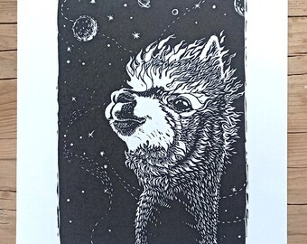 Alpaca in the Space, Linoprint, hand-printed workshop graphic