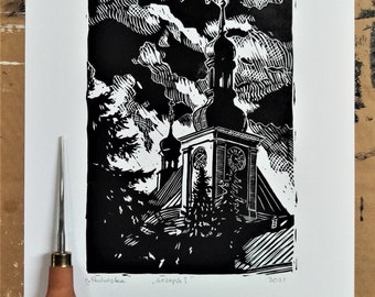 Church Clock Tower, Lino print, Relief Art Print