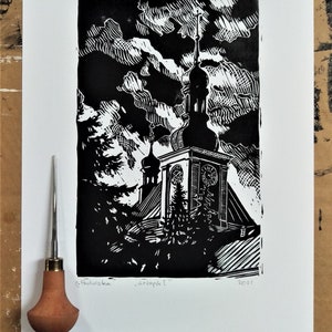 Church Clock Tower, Lino print, Relief Art Print