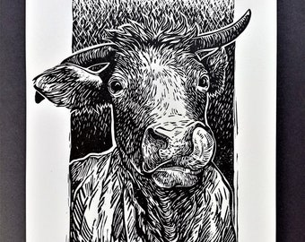 Linogravure vache, linogravure originale A4, graphisme d'atelier en édition limitée, art mural maison de ferme
