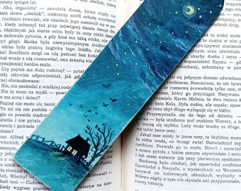 Wooden Bookmark, Hand-painted Little House at Starry Night, Gift for Book Lovers