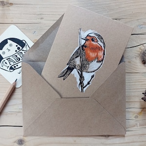 Handgedruckte und gemalte Postkarten, Rotkehlchen Linoldruck, handkoloriert, Grußkarte, Fine Art