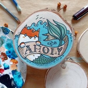 Cat Mermaid,  Funny Home Decoration, Small Wooden Hand-painted Picture