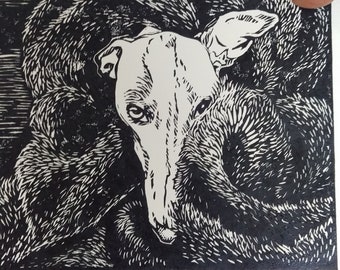 English Greyhound, Whippet, Original Hand Printed Pet Portrait, Linocut print
