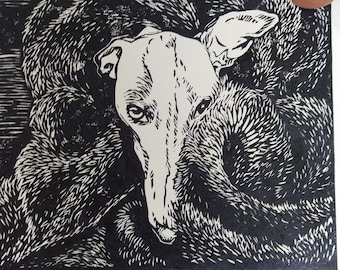 English Greyhound, Whippet, Original Hand Printed Pet Portrait, Linocut print