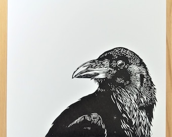 Raven Linocut Print, Original Art, Relief Art Print, Linoleum Print