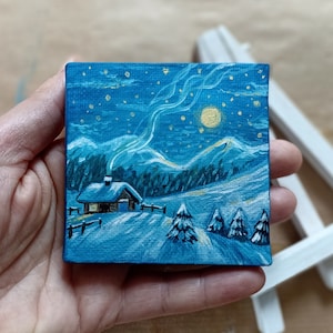 Winter Mountains Landscape, Miniature Acrylic Painting on Canvas with Easel Set