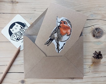 Handgedruckte und bemalte Postkarten, Robin Bird Linoldruck, handkoloriert, Grußkarte, Fine Art