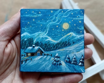 Paysage de montagnes d’hiver, peinture acrylique miniature sur toile avec ensemble de chevalet