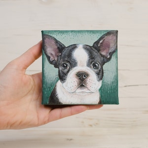 Peinture de chiot bouledogue français sur toile miniature, Frenchie peint à la main, cadeau d'amant de chien, art animalier image 1