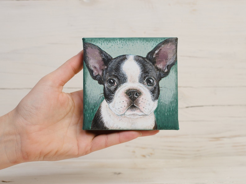 Peinture de chiot bouledogue français sur toile miniature, Frenchie peint à la main, cadeau d'amant de chien, art animalier image 1