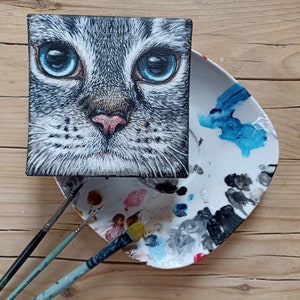 Cat Face Painting on Canvas, 10 x 10cm, Original Acrylic Painting, Tabby Gray Cat Fine Art image 8