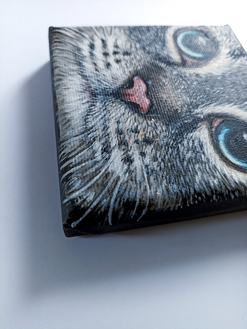 Cat Face Painting on Canvas, 10 x 10cm, Original Acrylic Painting, Tabby Gray Cat Fine Art image 7