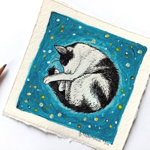 Chat dans l'espace, dessin original, technique mixte 10 x 10 cm