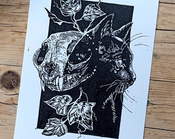 Hand-printed Cat and Skull Graphic, Black and White Linocut Print, Relief Art Print