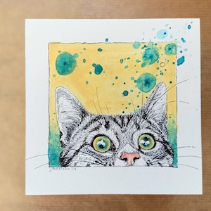 Gatto curioso, disegno originale, tecnica mista 13x13 cm