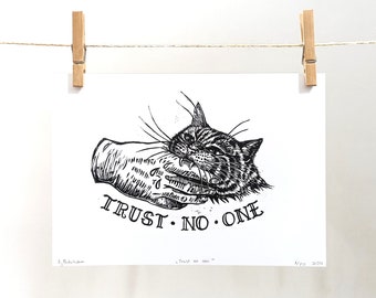 Tabby Cat Linocut Print, Old School Tattoo Style, Trust No One