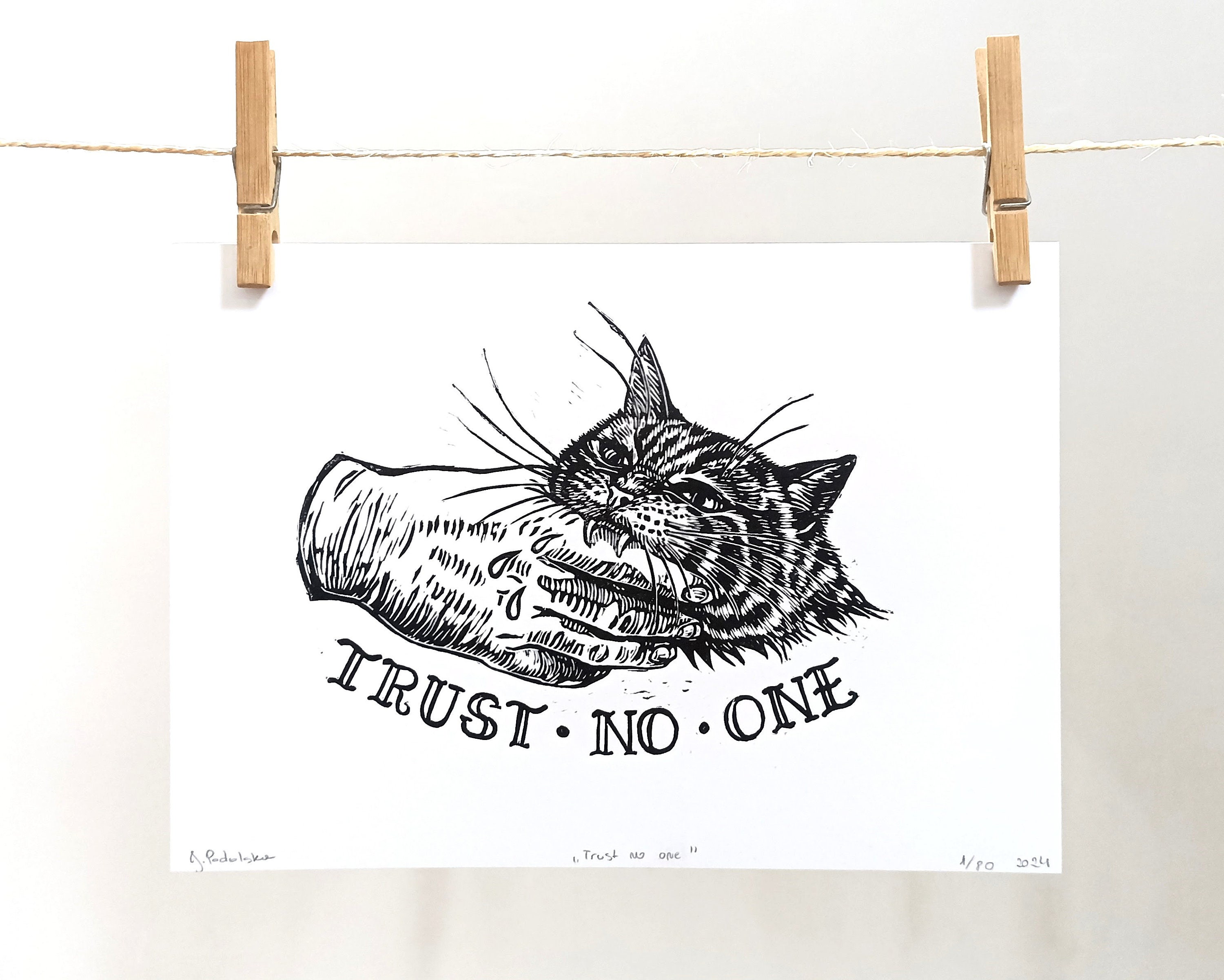 Tabby Cat Linocut Print, Old School Tattoo Style, Trust No One - Etsy