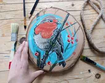 Robin Bird Painting, Wooden Wall Decor, Hand-painted Big Wood Slice, Beautiful Gift for Nature Lover