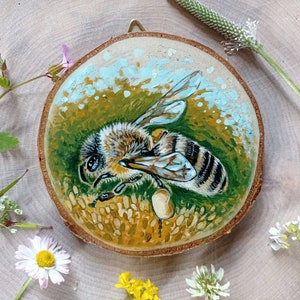 Honey Bee, Original Art on a Birch Wood Slice, Hand-painted Gift, Cute Souvenir image 1