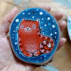 Wooden Home Decor, Red Cat Painted on Birch Wood Slice
