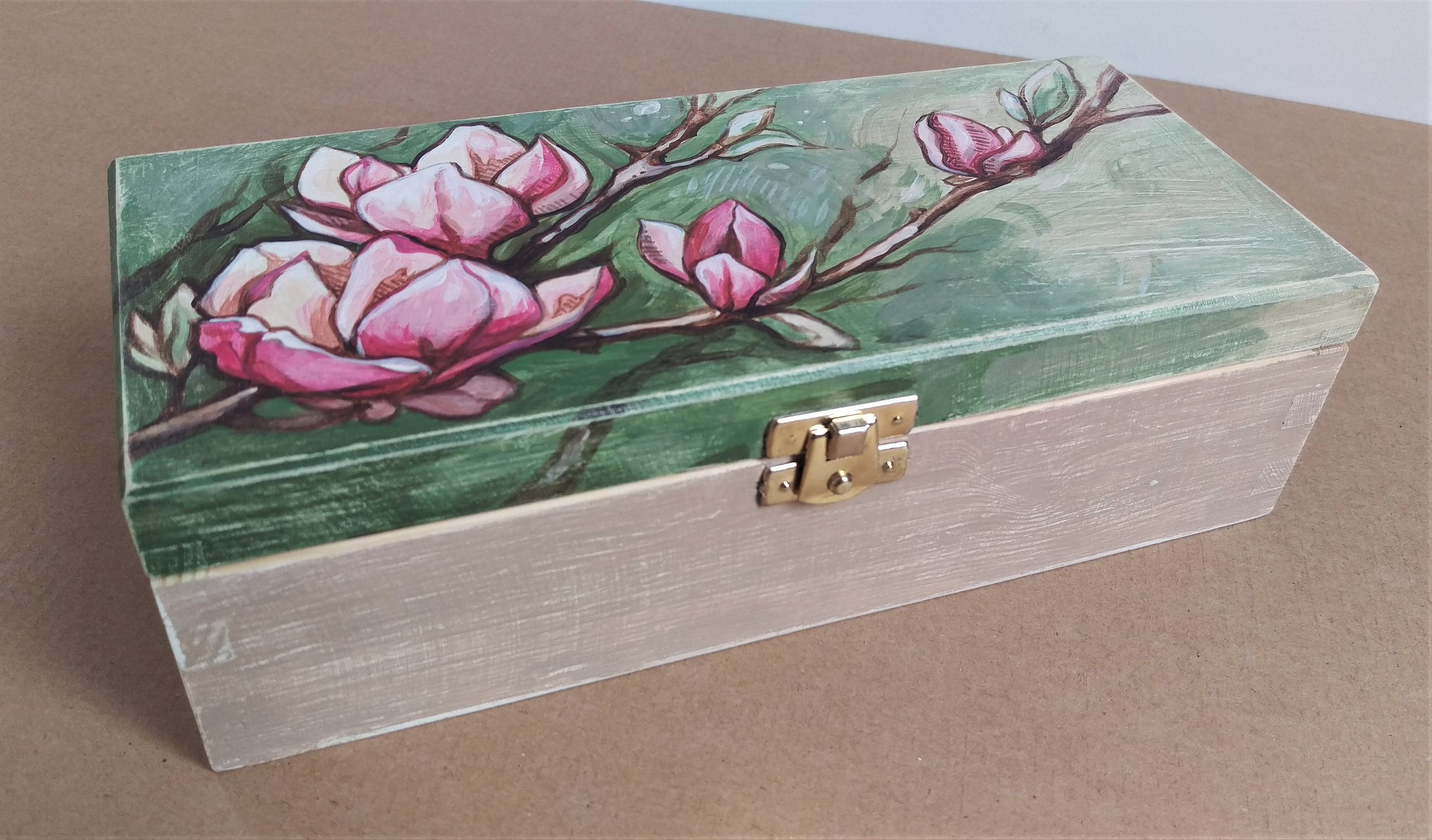 Handpainted Wooden Box Acrylic Painting Magnolia Etsy