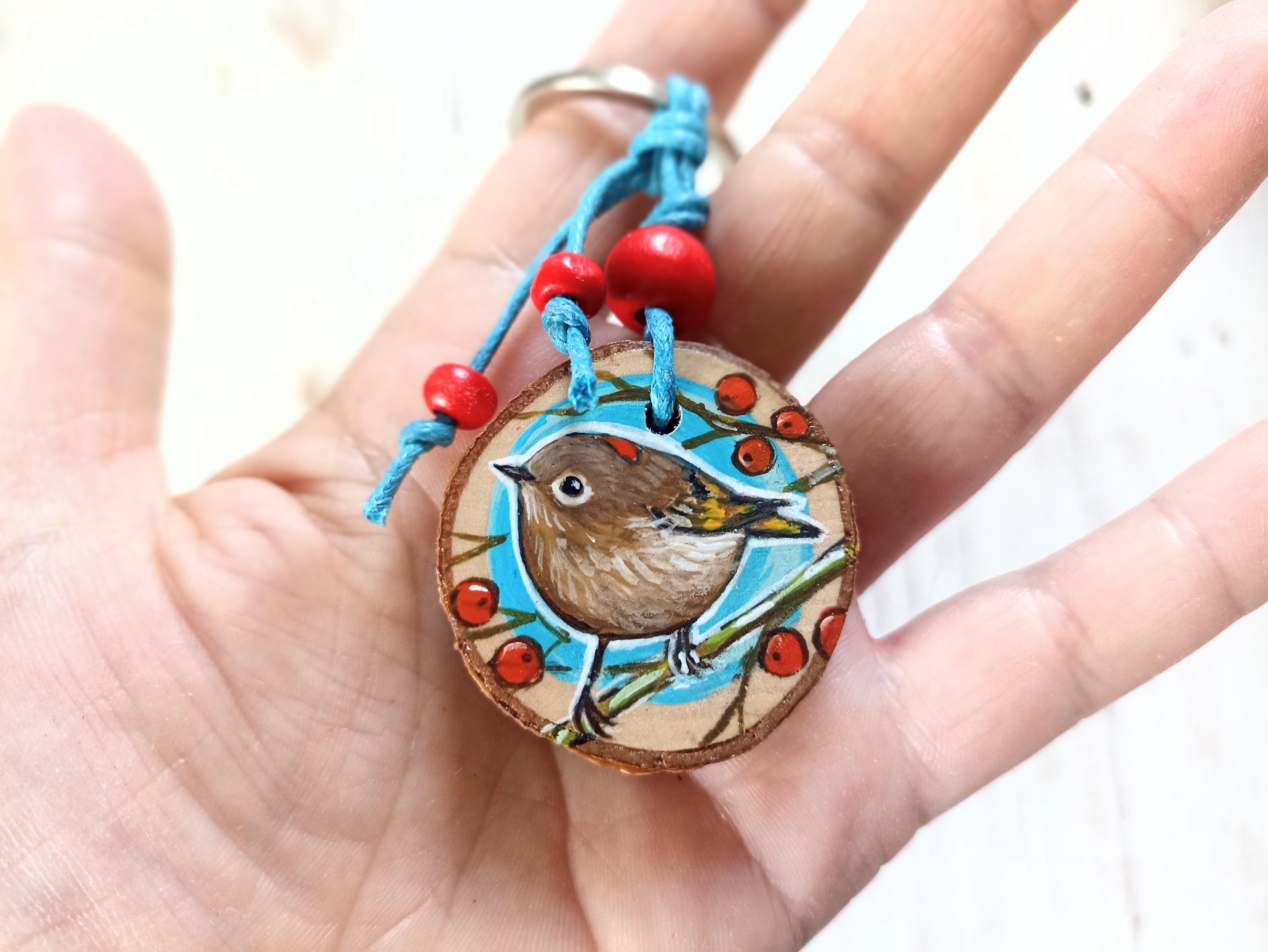 Wooden Keychain, Hand-painted Ruby-crowned Kinglet, 100% Handcrafted Lovely Little Gift