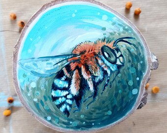 Blue Banded Bee, Original Art on a Birch Wood Slice, Hand-painted Gift, Cute Souvenir