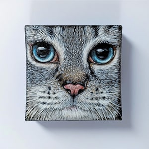 Cat Face Painting on Canvas, 10 x 10cm, Original Acrylic Painting, Tabby Gray Cat Fine Art image 1