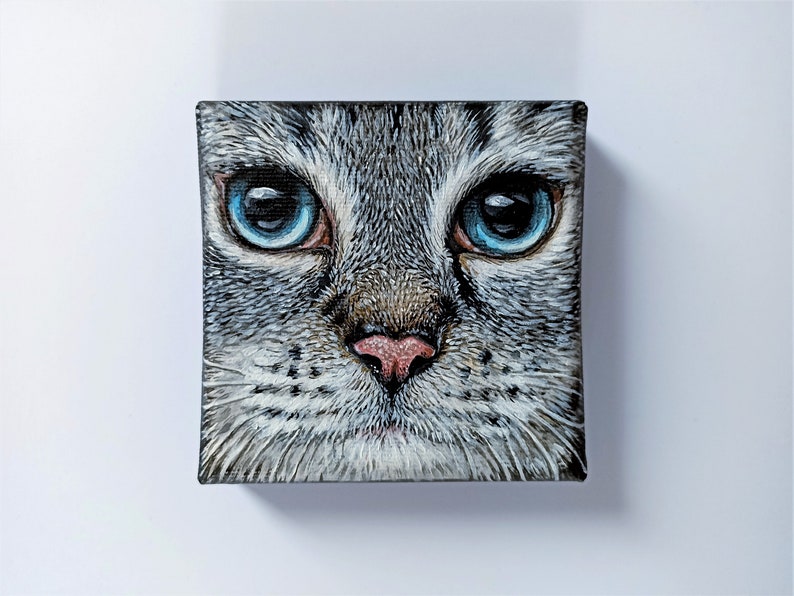 Cat Face Painting on Canvas, 10 x 10cm, Original Acrylic Painting, Tabby Gray Cat Fine Art image 1