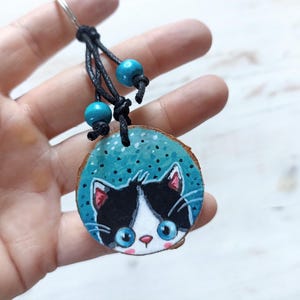 Hand-Painted Wooden Keychain, Bag Charm - Cute Cartoon Cat Portrait
