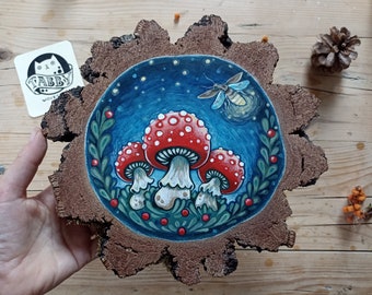 Fly Agarics Painted on a Big Wooden slice, Hand-Painted Housewarming Gift, Magic Night Forest Scenery