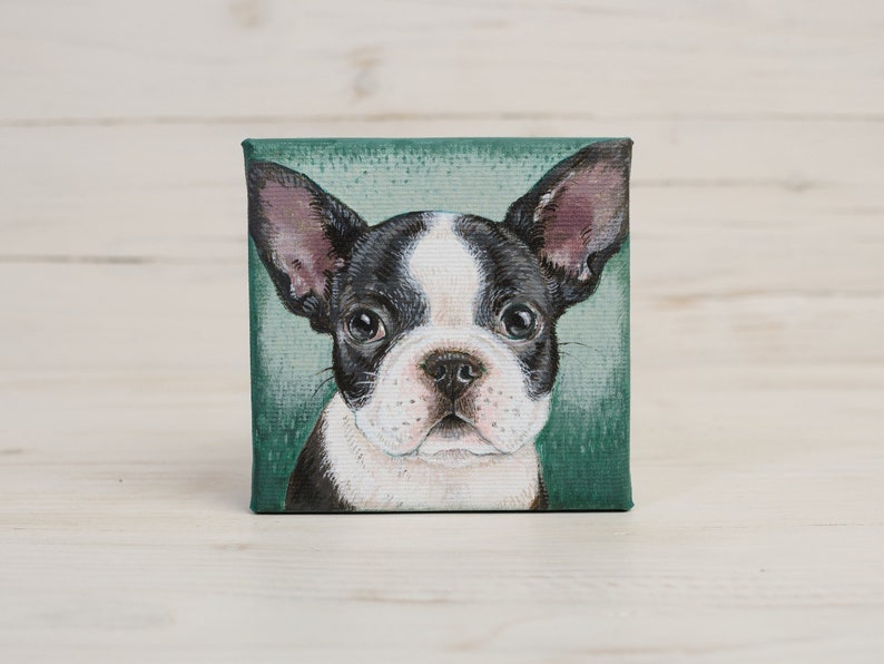 Peinture de chiot bouledogue français sur toile miniature, Frenchie peint à la main, cadeau d'amant de chien, art animalier image 4