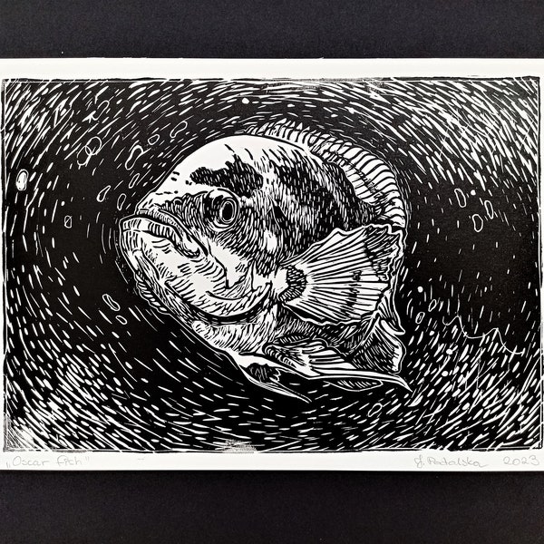 Oscar Fish Linocut Print, Original hand printed Art, A4 Relief Art Print, Linoleum Print