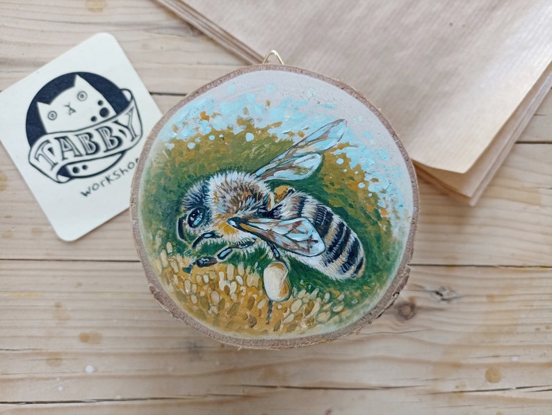 Honey Bee, Original Art on a Birch Wood Slice, Hand-painted Gift, Cute Souvenir image 10