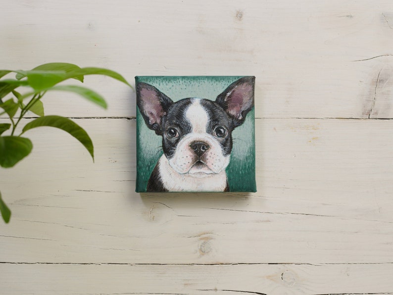 Peinture de chiot bouledogue français sur toile miniature, Frenchie peint à la main, cadeau d'amant de chien, art animalier image 2