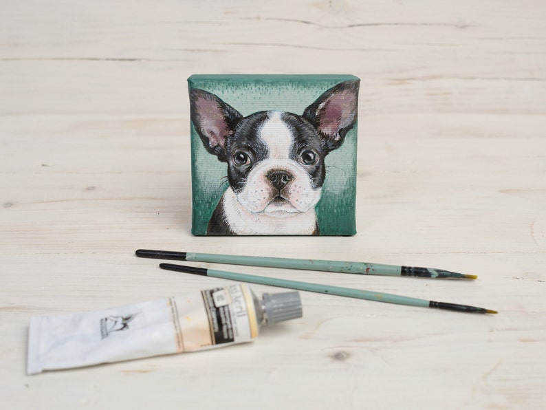 Peinture de chiot bouledogue français sur toile miniature, Frenchie peint à la main, cadeau d'amant de chien, art animalier image 5
