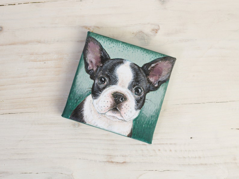 Peinture de chiot bouledogue français sur toile miniature, Frenchie peint à la main, cadeau d'amant de chien, art animalier image 6