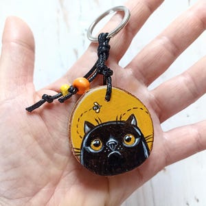 Hand-Painted Wooden Keychain, Bag Charm - Funny Black Cat Portrait