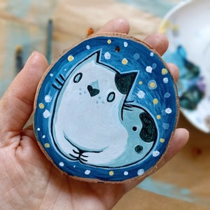 Wooden Home Decor, White and Black Cat Painted on Birch Wood Slice
