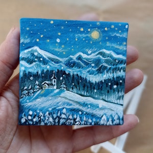 Winter Landscape, Miniature Acrylic Painting on Canvas with Easel Set, Small Church in the Mountains